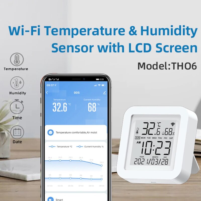 Стаен термометър и хигрометър Tuya TH06W, Часовник, LCD дисплей, Wi-Fi, Гласови команди, Работи с Alexa, Google Assistant, Google Home - Image 2