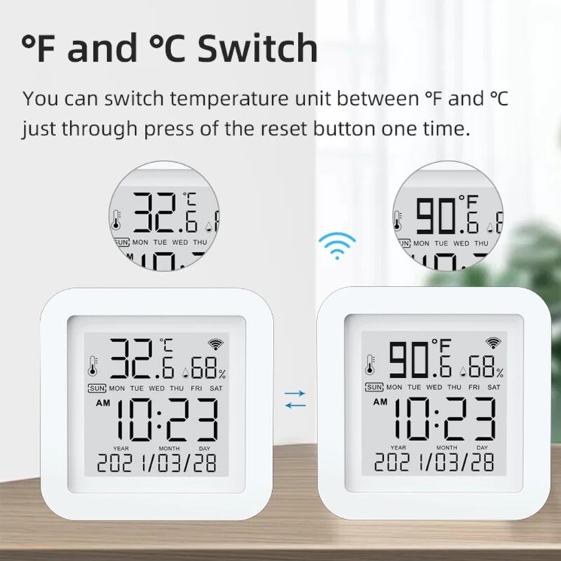 Стаен термометър и хигрометър Tuya TH06W, Часовник, LCD дисплей, Wi-Fi, Гласови команди, Работи с Alexa, Google Assistant, Google Home - Image 5