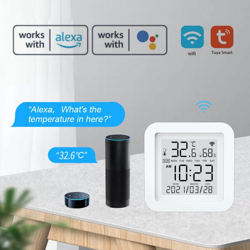 Стаен термометър и хигрометър Tuya TH06W, Часовник, LCD дисплей, Wi-Fi, Гласови команди, Работи с Alexa, Google Assistant, Google Home - Image 6