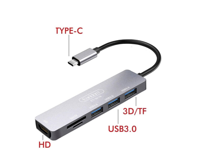  Универсален, 6 в 1, 15 см. кабел Type-C към 3 броя USB 3.0, SD, MicroSD, HDMI, Сив, Тегло 50 гр.