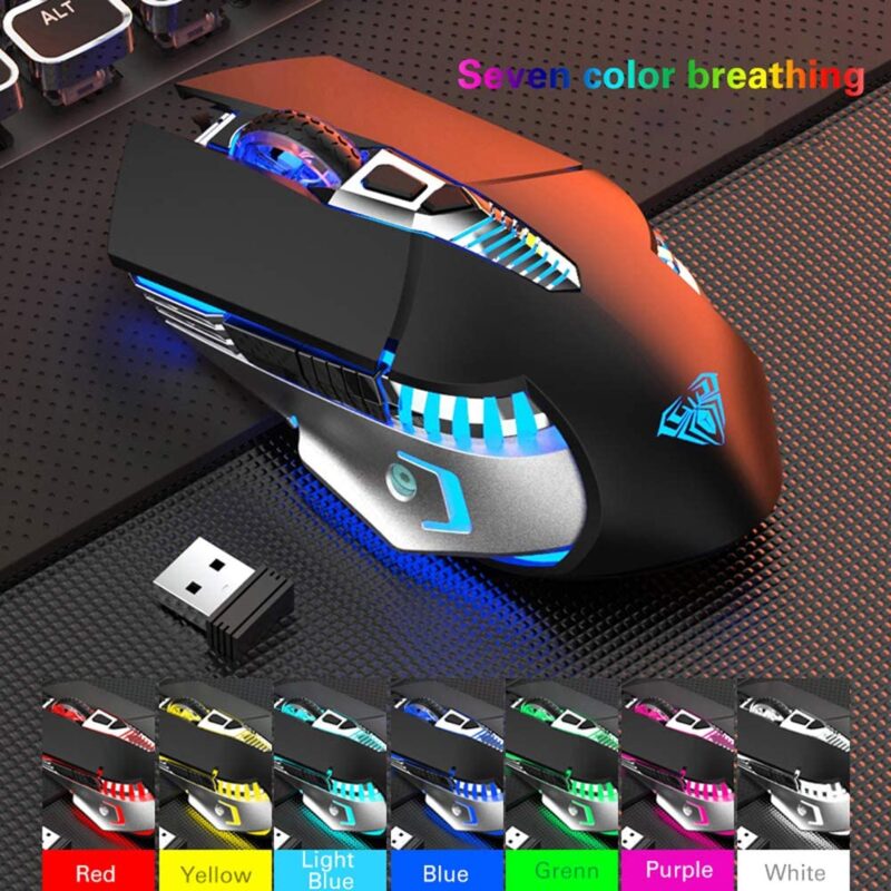 Мишка Aula SC200-749, Геймърска, Вградена батерия, RGB подсветка, Безжична, 7D, Капацитет 800mAh, Свързаност USB 2.4Ghz и Bluetooth, Micro USB порт за зареждане, 7 Бутона, Резолюция 800/1200/1600 DPI, Черен - Image 3