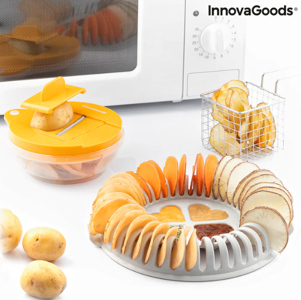 Комплект за приготвяне на чипс InnovaGoods-V369 може да бъде използван за рязане на цвекло, патладжани, тиквички, лимони, портокали, грейпфрути, зеле и други.