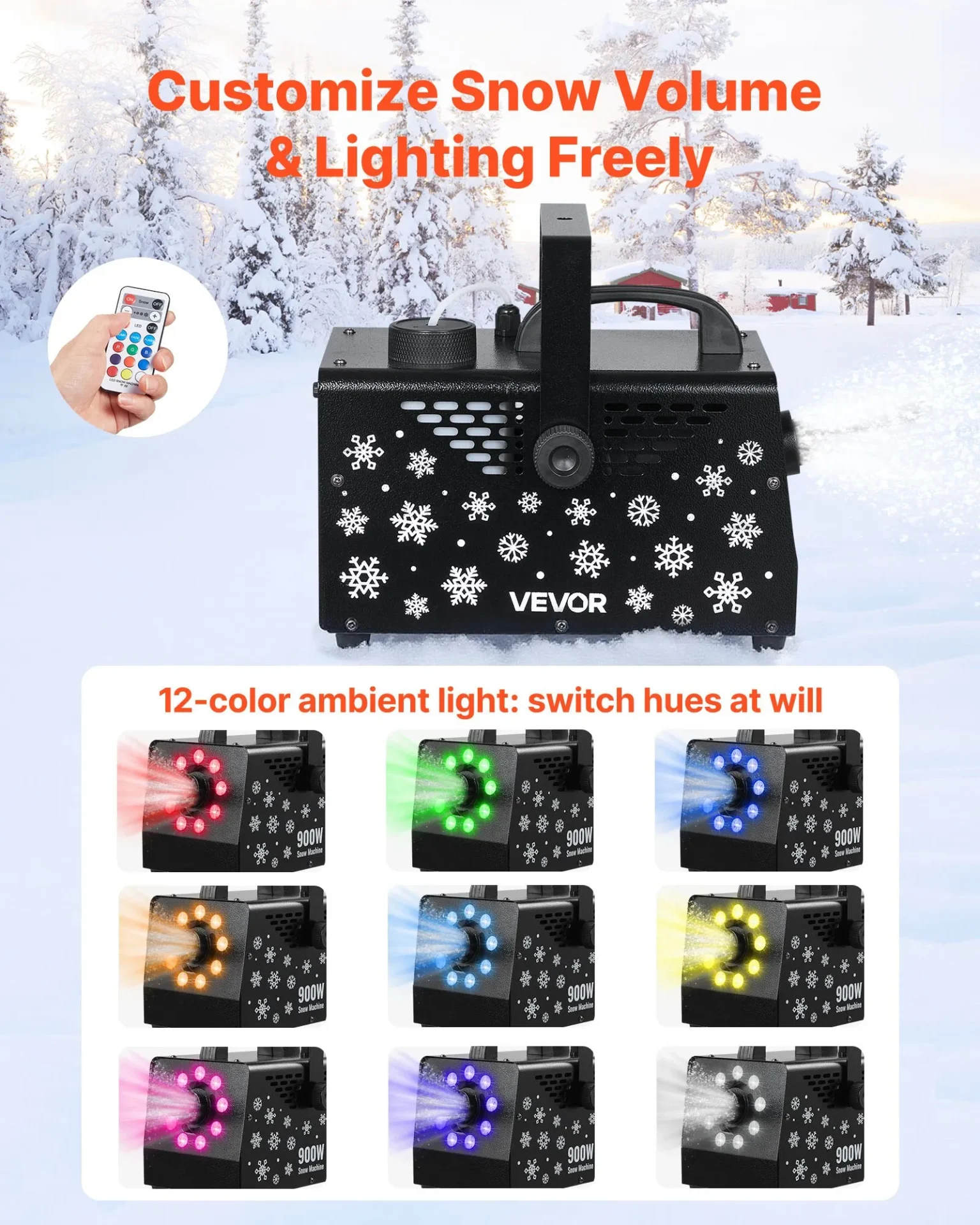 Машина за сняг Vevor LM-O-900, Мощност 900W, LED осветление с 12 цвята, Безжично дистанционно управление, За партита и сватби - Image 9