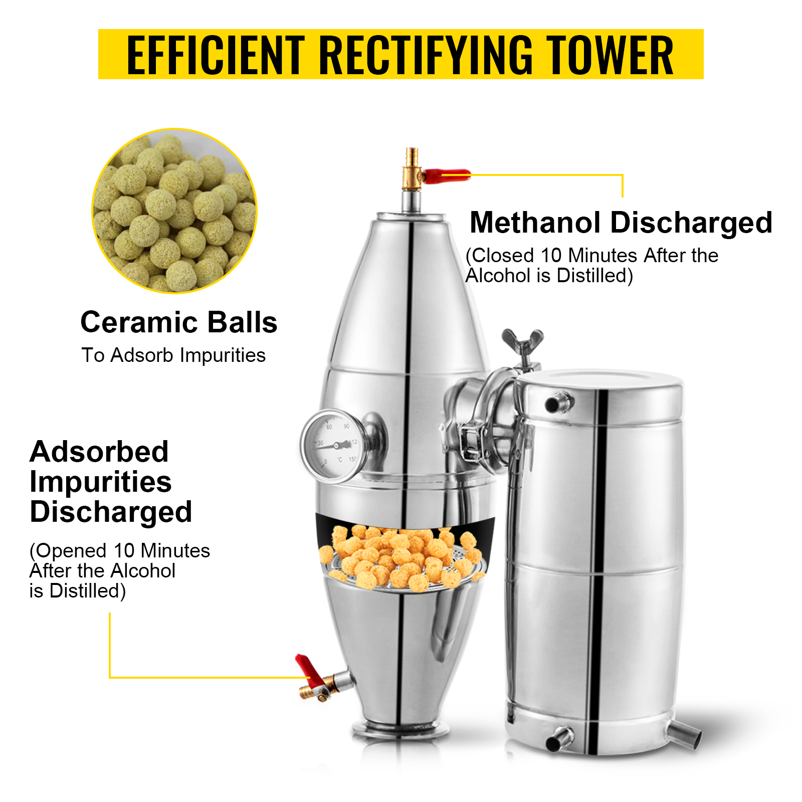 Ефективен ректификационен стълб на дестилатор за алкохол с керамични топки за поглъщане на примеси и механизъм за отделяне на метанола след дестилация.