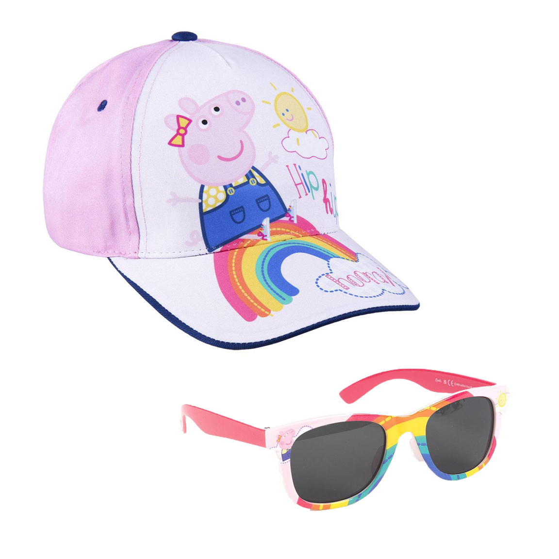 Комплект детски слънчеви очила и шапка Peppa Pig Rainbow 892 ще Ви помогнат да предпазите детето от слънчевите лъчи. Любимата Пепа ще зарадва детето и ще го насърчи да носи своите нови, цветни аксесоари. Илюстрациите несъмнено ще предизвикат интерес