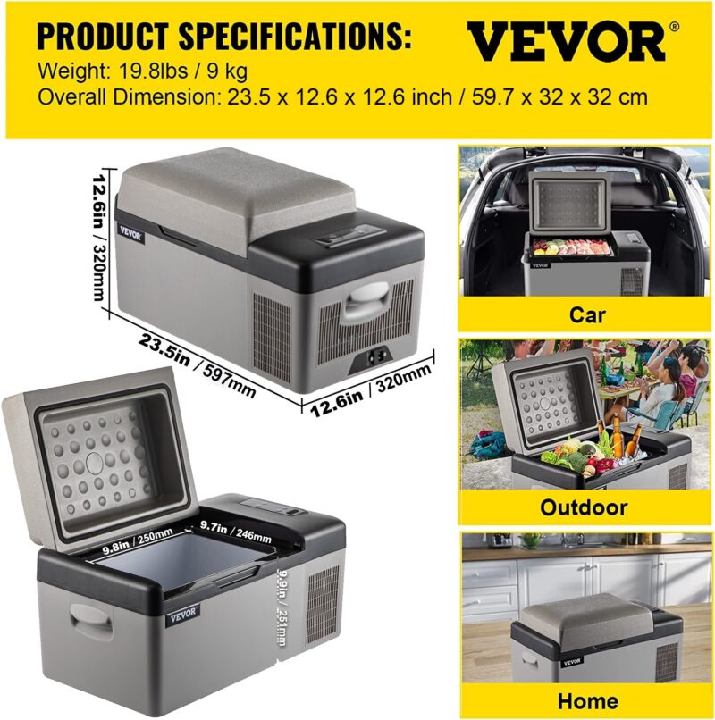 VEVOR WQ4746-20 хладилник с компресор, обем 20 литра, тегло 9 кг, размери 59.7 x 32 x 32 см, подходящ за автомобил, къмпинг и домашна употреба