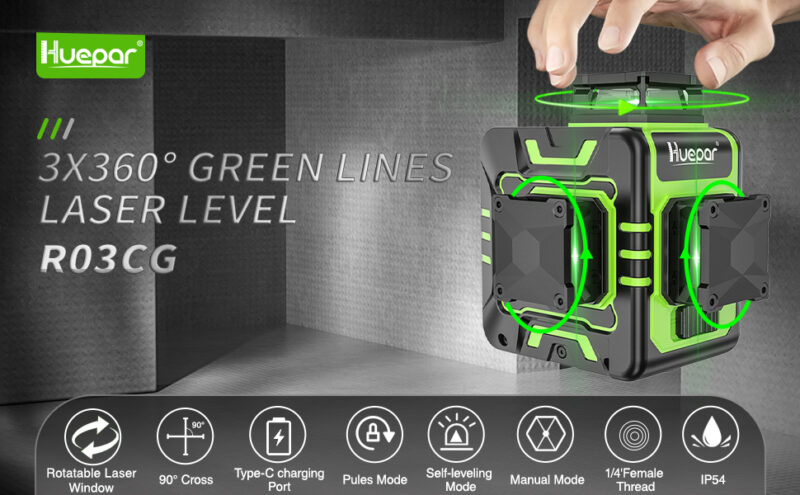 Лазерен нивелир Huepar R03CG TPD14, 360 градуса, 3D, Зелени линии, Литиево йонна батерия, Включена тринога - Image 6