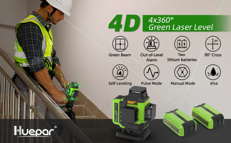 Лазерен нивелир Huepar LS04CG, 2 батерии, 360 градуса, 4D, Самонивелиращ, Куфар - Image 4