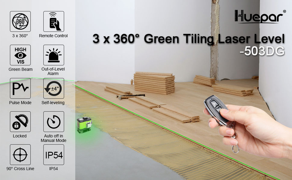 Huepar 3D Self-leveling Laser Level 3x360 Green Beam Cross Line 360° Vertical Horizontal Line Remote Control & Hard Carry Case