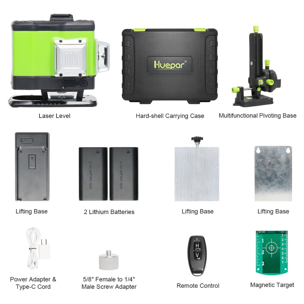 Huepar 3D Self-leveling Laser Level 3x360 Green Beam Cross Line 360° Vertical Horizontal Line Remote Control & Hard Carry Case