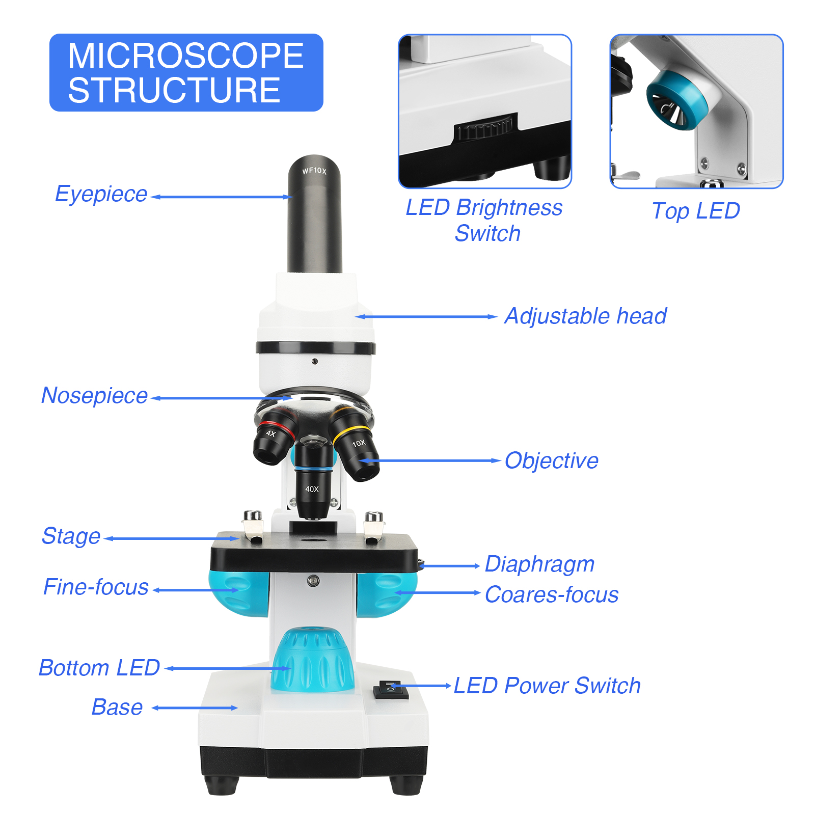 100-2000X Magnification Student Scientific Experiment Biological Microscope Children's Science Experiment Biological Microscope