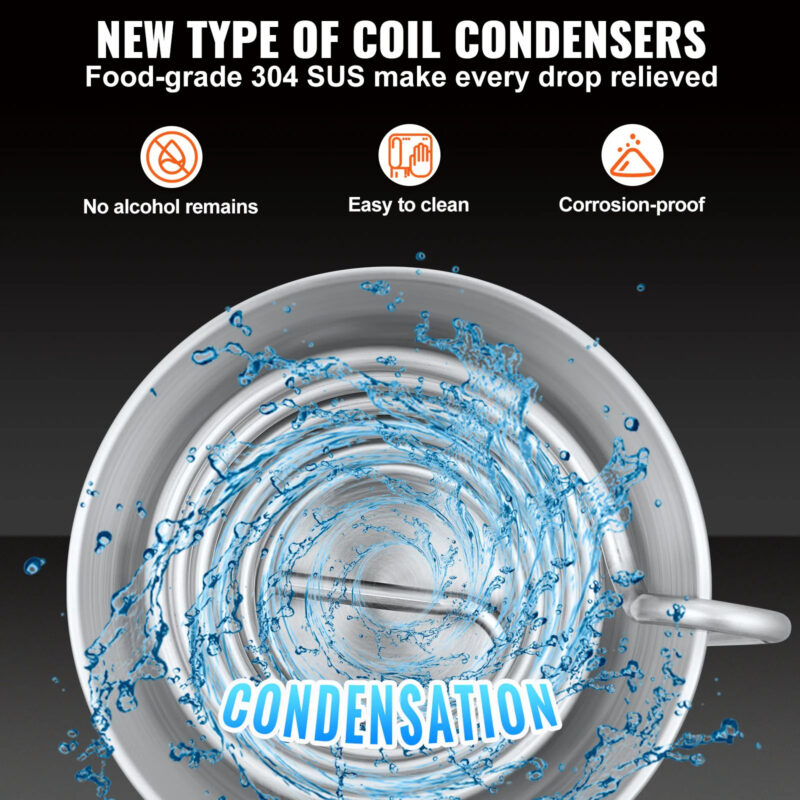 Близък план на нов тип намотка за кондензация в дестилатор, подчертаваща корозионната устойчивост и лесното почистване