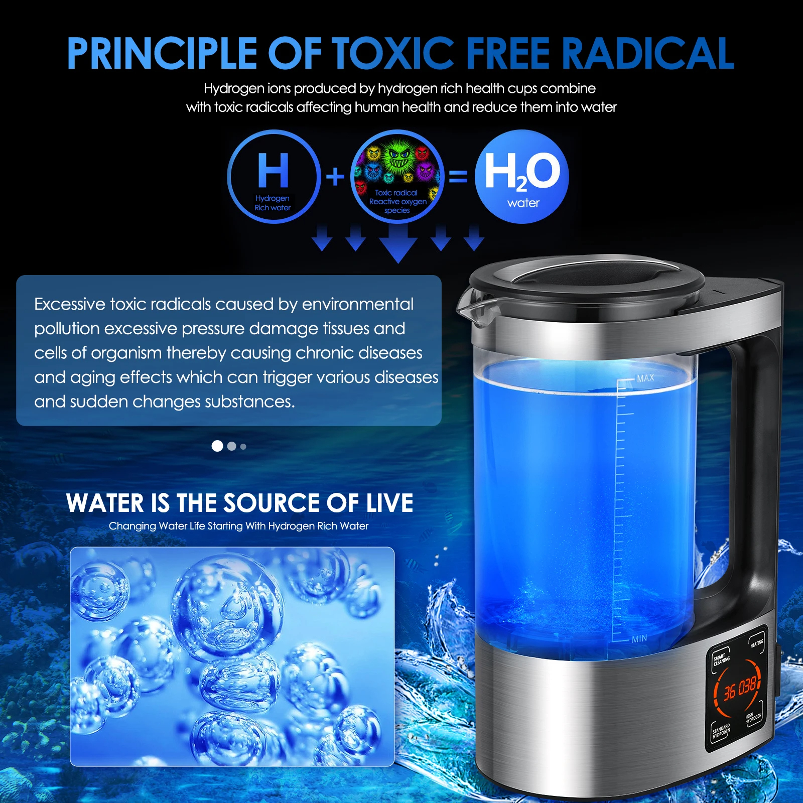 Кана за водородна вода Jiafen V8 в която се обясняват ползите на водородната вода 