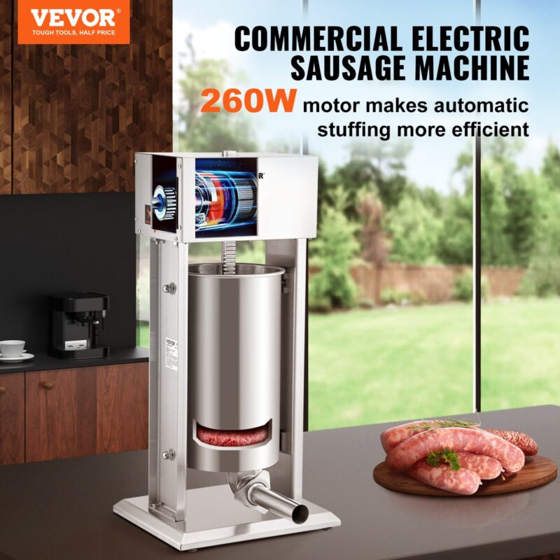 Електрическа пълначка за колбаси VEVOR с мощност 260W, поставена в модерна кухня, с визуализация на вътрешния мотор и чиния с пресни наденици