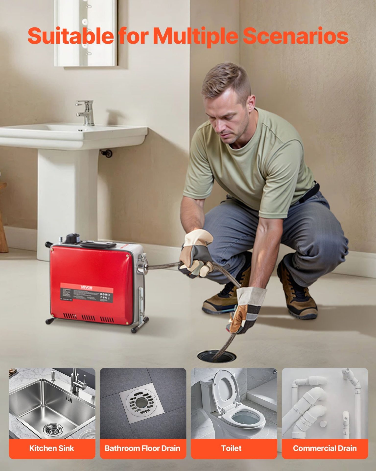 Машина за отпушване на канали Vevor GQ-100, Две жила с дължина 20 и 5 метра, Мощност 400W - Image 2