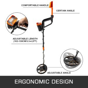 Ергономичен дизайн на металдетектор с регулируема дължина между 102 и 130 см и регулируем ъгъл на сондата. Изображението показва металдетектор с оранжеви акценти, удобна ръкохватка и подробности за регулиране на дължината и ъгъла на уреда.