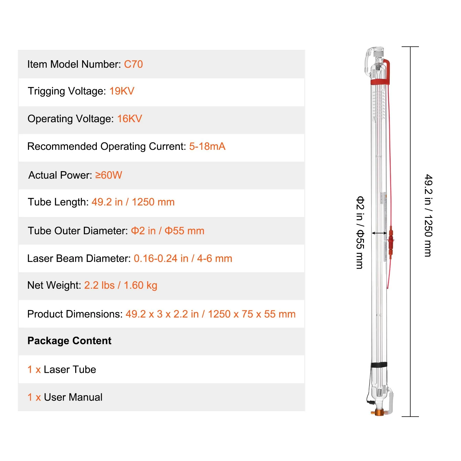 CO2 лазерна тръба Vevor C70, Мощност 60 W, Дължина 1250 мм, Диаметър 55 мм, Живот до 6000 часа - Image 7
