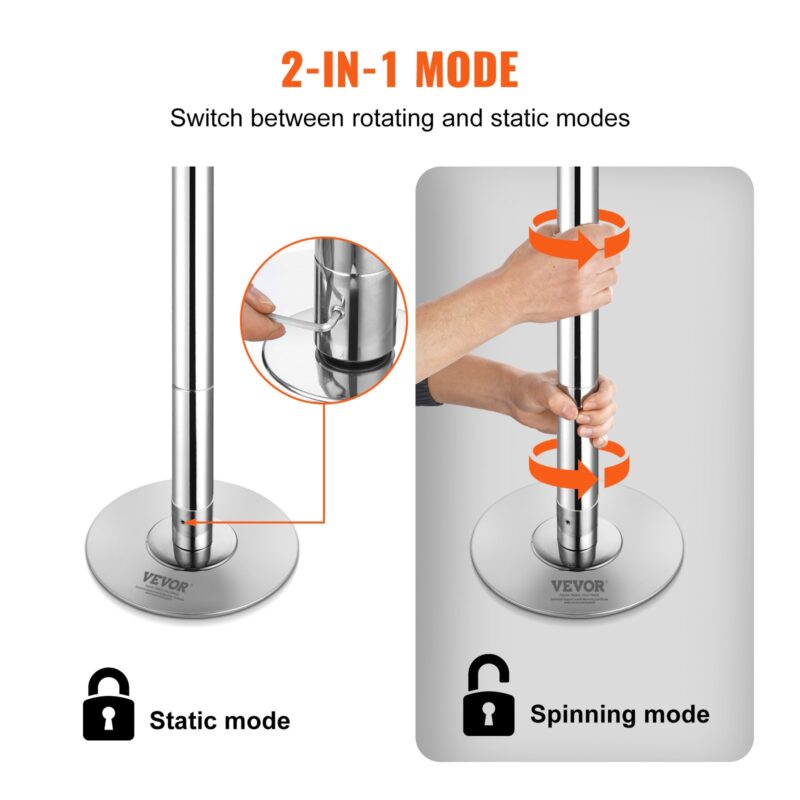 Пилон за танци с 2-в-1 функция за превключване между статичен и въртящ режим чрез винтова система