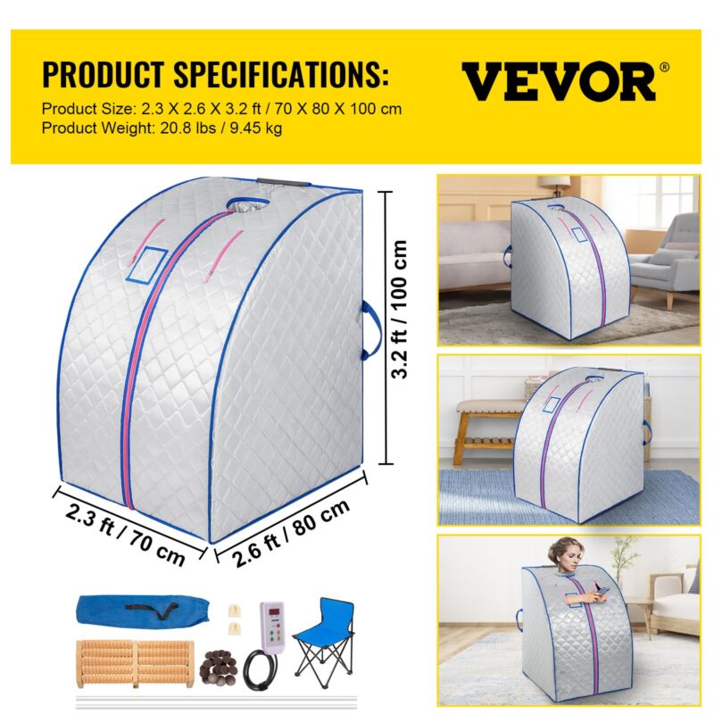 Компактна инфрачервена сауна VEVOR с размери 70 x 80 x 100 см, илюстрирана с аксесоари и удобен стол.