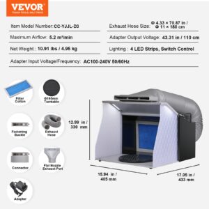 Подробни технически характеристики на VEVOR AH310, включително двойни вентилатори, LED осветление и гъвкав маркуч.