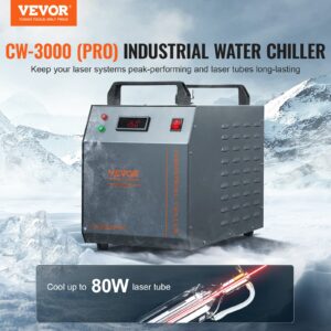 Индустриален воден чилър VEVOR CW-3000 PRO с лазерен чилър за охлаждане на тръби до 80W. Показва модерния дизайн с метален корпус на фона на снежна природа.