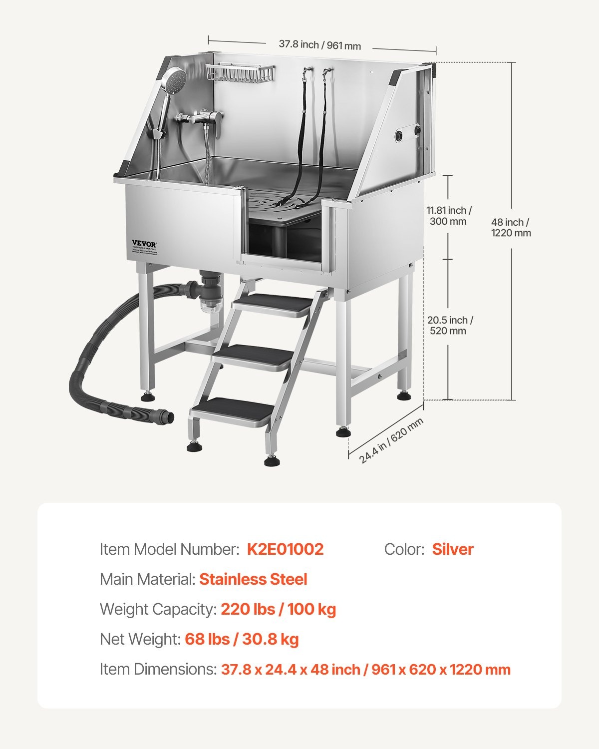 Вана за къпане на куче VEVOR K2E01002, Размери 96.1 x 62.0 x 122 см, Товароносимост до 100 кг - Image 7