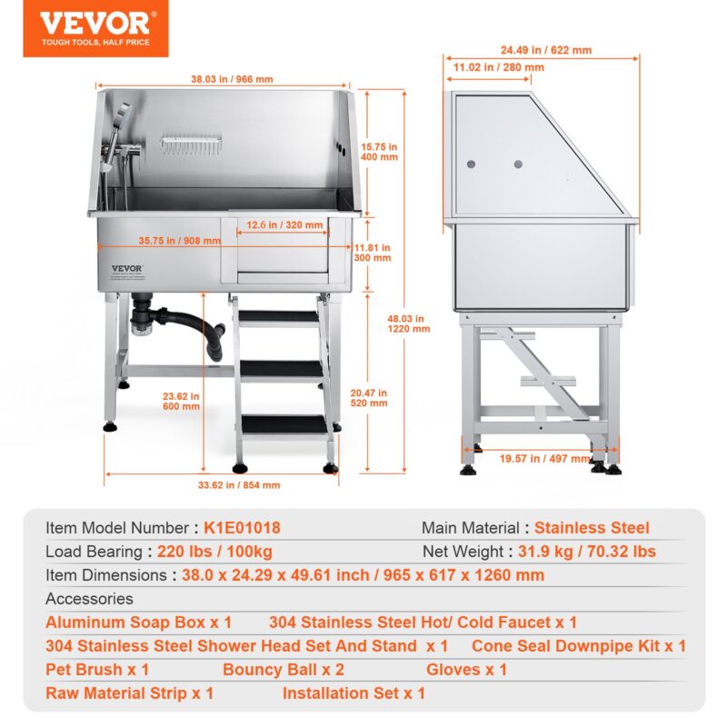 Вана за къпане на куче VEVOR K1E01018, Размери 96.5 x 61.7 x 126 см, Товароносимост до 100 кг - Image 7
