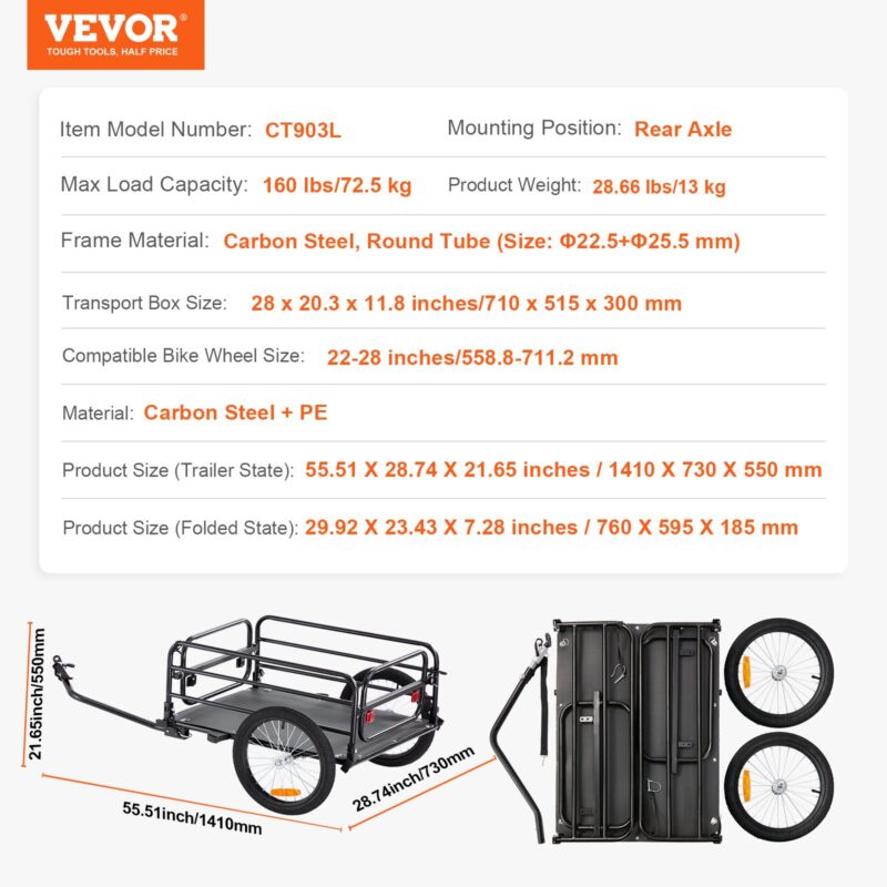 Ремарке за колело VEVOR CT903L, Товароносимост до 72.5кг, Подходящо за велосипеди от 22 до 28 инча - Image 7