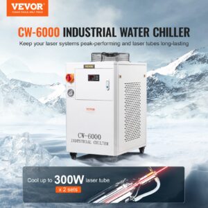 Индустриален охладител за вода CW-6000 на марката VEVOR, показан на фона на заснежен пейзаж. Охладителят е рекламиран като подходящ за лазерни системи, с капацитет за охлаждане до 300W лазерни тръби.