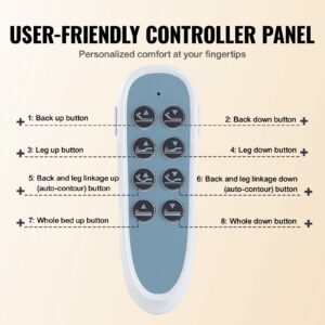 Удобен контролен панел с осем бутона за персонализиране на позицията на леглото, включително настройки за гърба, краката и цялото легло.