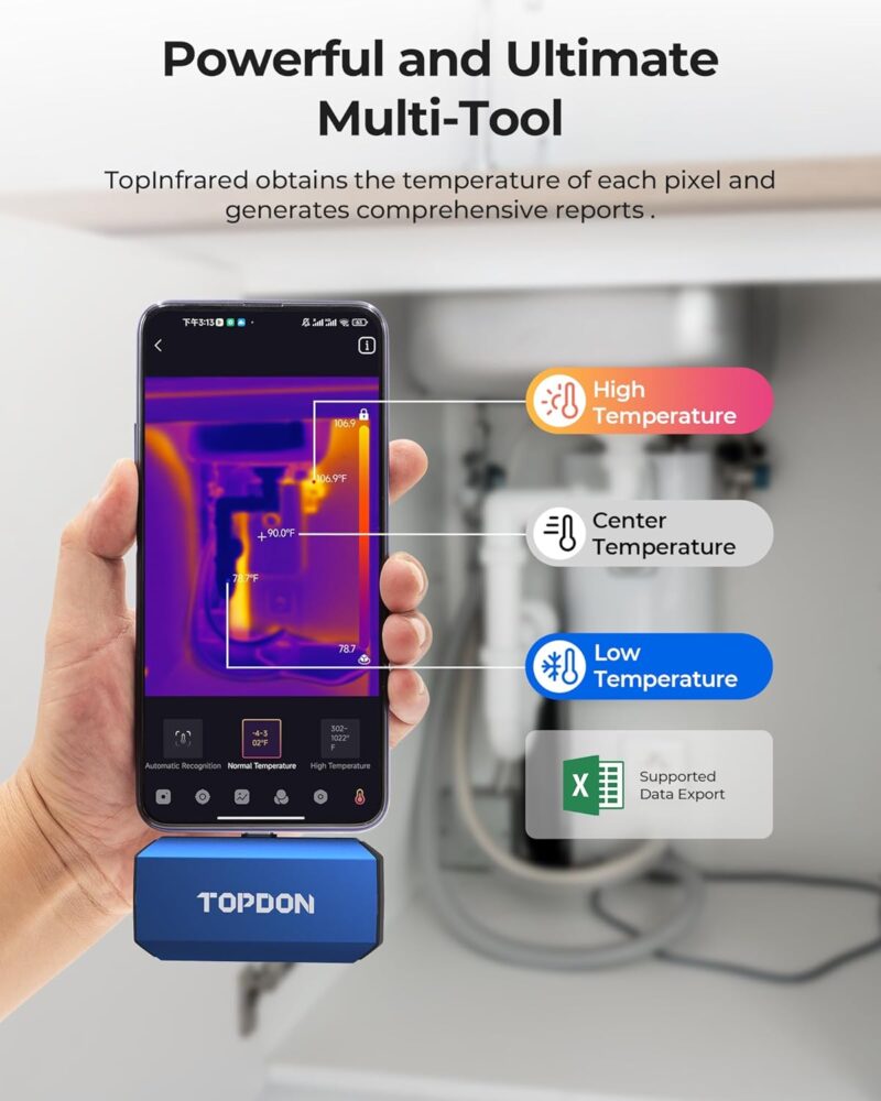 Термокамера TOPDON TC001 Plus, показваща термално изображение на водопроводна инсталация; изведени температурни точки за висока, ниска и централна температура; текст „Powerful and Ultimate Multi-Tool“, подчертаващ възможността за изготвяне на подробни температурни отчети и експортиране на данни.