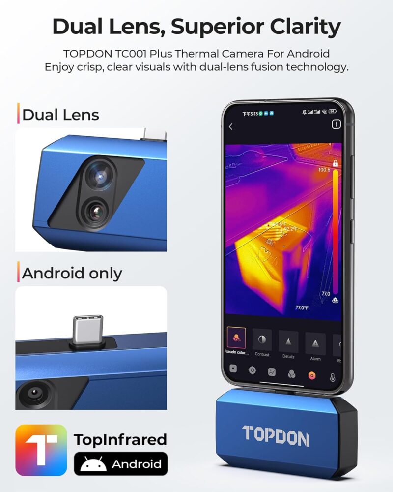 Термокамера TOPDON TC001 Plus, свързана към Android телефон през USB-C порт, с двоен обектив и показана инфрачервена топлинна карта на екрана; текст „Dual Lens, Superior Clarity“, акцентиращ върху ясното изображение чрез двойно обективна технология.