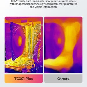 Сравнение на инфрачервени изображения, направени с TOPDON TC001 Plus и друга камера; TC001 Plus показва ясно детайлите на компютърен хардуер, докато другата камера дава замъглено изображение; текст „Enhanced Infrared Image“, подчертаващ подобреното качество на образа чрез сливане на видима и инфрачервена информация.