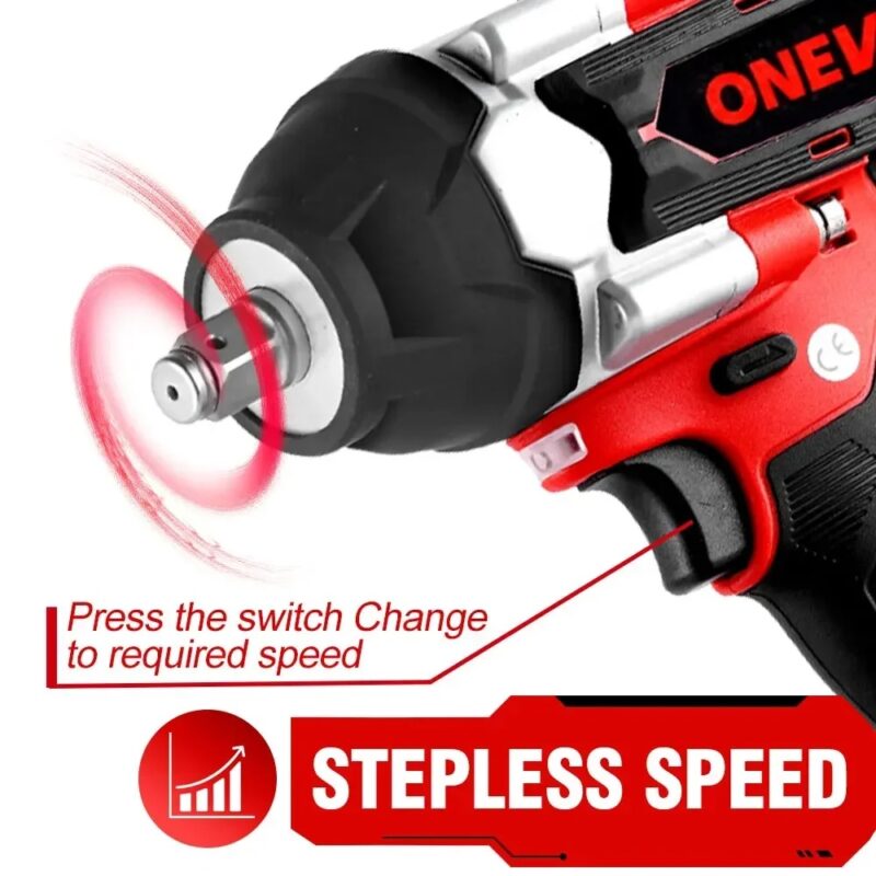 Близък план на спусъка на гайковерта onevan 1800 с надпис „Stepless Speed“, подчертаващ плавното регулиране на оборотите чрез натиск.