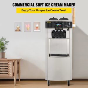 Машината за крем сладолед VEVOR YKF-8228H в модерен интериор. Надпис „Commercial Soft Ice Cream Maker – Enjoy Your Unique Ice Cream Treat“.