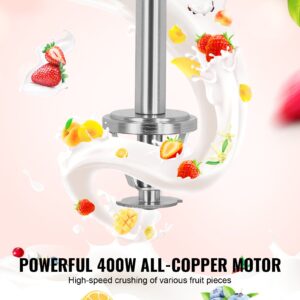 Фокус върху мощния 400W меден мотор на професионален миксер за сладолед Vevor XZ-620, с графично изобразени плодове и млечна смес, илюстриращи ефективното смесване