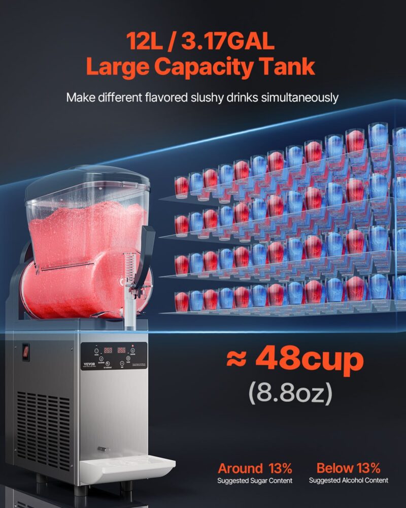 Голям капацитет на машината за скрежина VEVOR XN120B с 12L / 3.17GAL резервоар, способен да направи приблизително 48 чаши (8.8oz) скрежина наведнъж. Препоръчително съдържание на захар около 13% и алкохол под 13%.