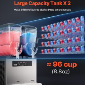 Двойна машина за скрежина VEVOR XN240B с два 12L / 3.17 GAL резервоара, осигуряваща капацитет от приблизително 96 чаши (8.8oz) на партида. Подходяща за напитки с около 13% съдържание на захар и под 13% алкохол.