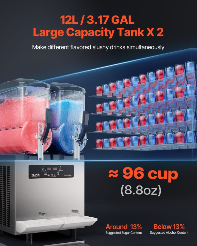 Двойна машина за скрежина VEVOR XN240B с два 12L / 3.17 GAL резервоара, осигуряваща капацитет от приблизително 96 чаши (8.8oz) на партида. Подходяща за напитки с около 13% съдържание на захар и под 13% алкохол.