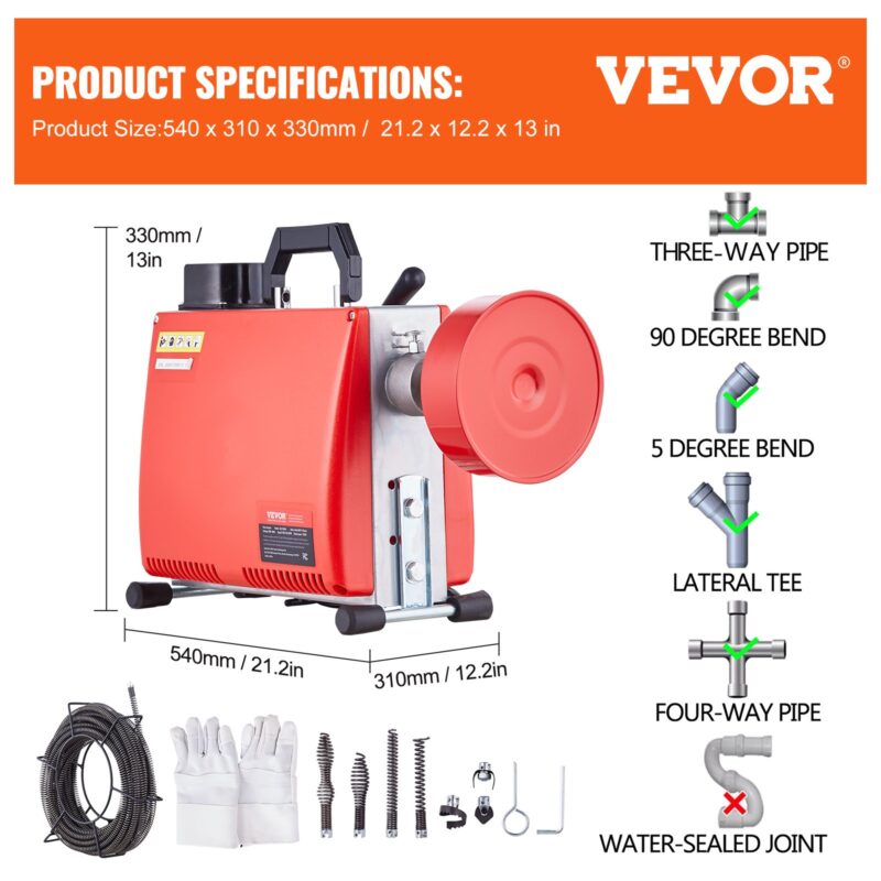 Професионална машина за отпушване на канали VEVOR D250, Мощност 250W, 7 накрайника, Жило с дължина 20м. и 4.5м. - Image 6