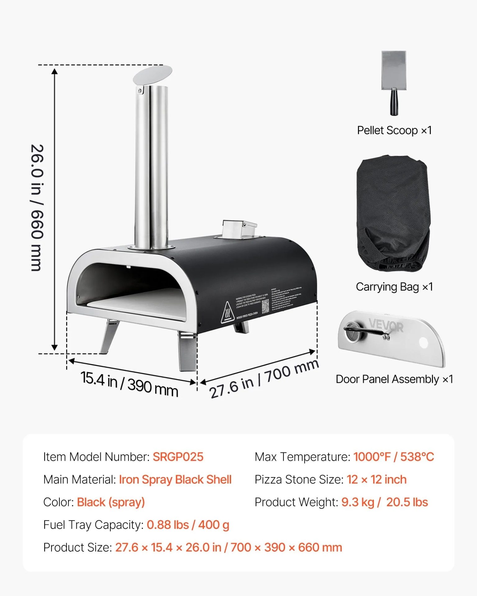 Домашна пещ за пица VEVOR размери