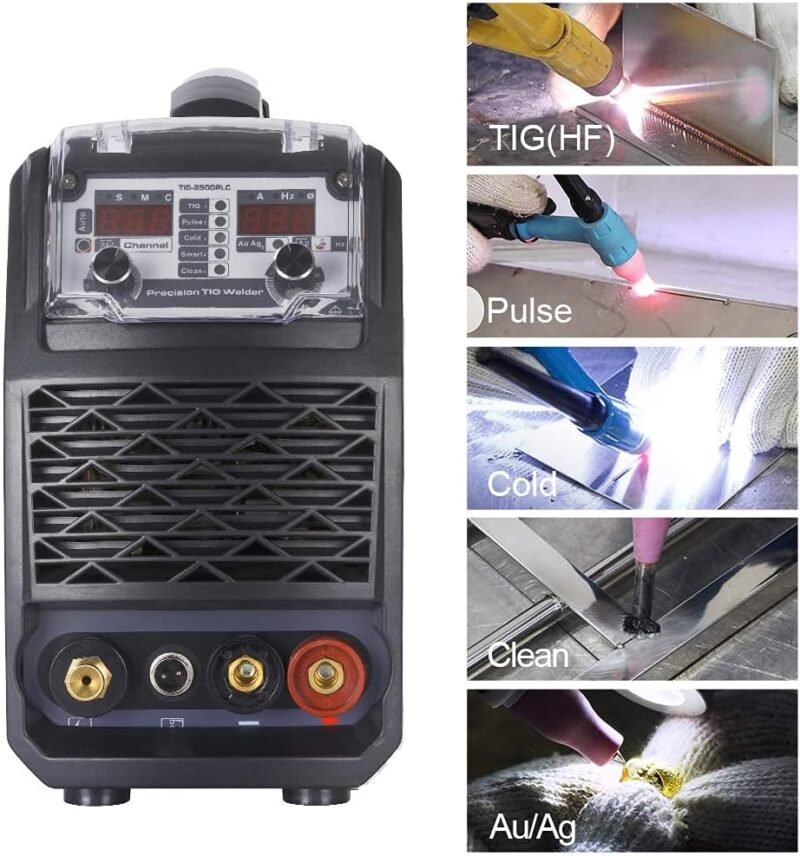 Изображение на контролния панел на ANDELI TIG-250GPLC с включени режими: TIG (HF), Pulse, Cold, Clean и Au/Ag (злато и сребро).
