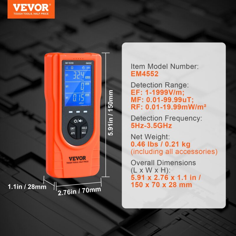 EMF детекторът VEVOR EM4552 с размери и технически спецификации: 5.91 x 2.76 x 1.1 инча (150 x 70 x 28 мм), тегло 0.46 lbs (0.21 кг). Посочен е и измервателният обхват за EF, MF и RF, както и честотният диапазон (5Hz-3.5GHz). Фонът е тъмен с технологичен ефект.