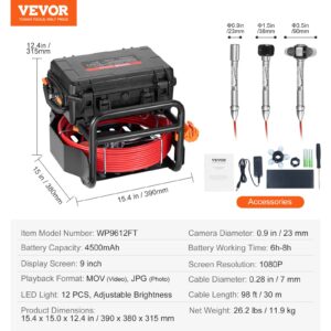 Канализационна камера VEVOR WP9612FT с размери, аксесоари и спецификации като самонивелираща глава, 9-инчов дисплей и 30 м кабел.