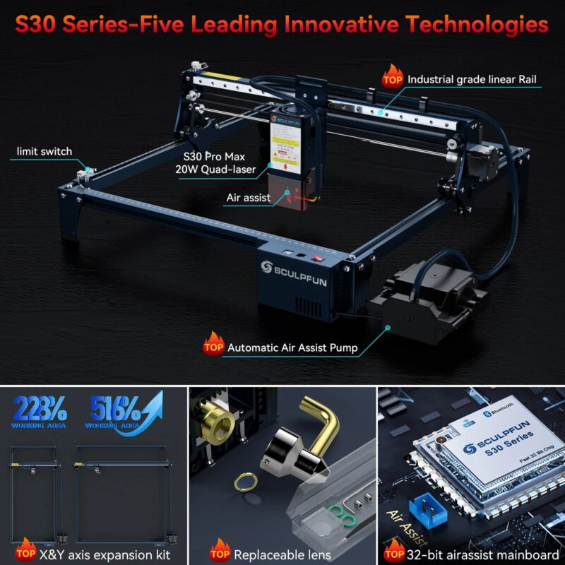 Машина за лазерно гравиране SCULPFUN S30 Pro Max, показваща основни компоненти – дънна платка, въздушна помпа, линеен водач и сменяема леща.