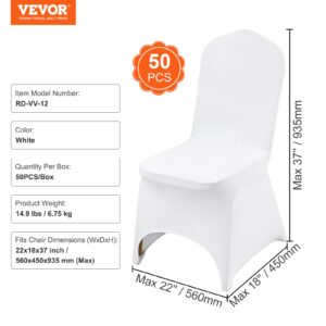 Бял калъф за стол с продуктов модел RD-VV-12. Посочени са цвят, тегло (6.75 кг), количество в опаковка (50 броя) и максимални размери на съвместимите столове.