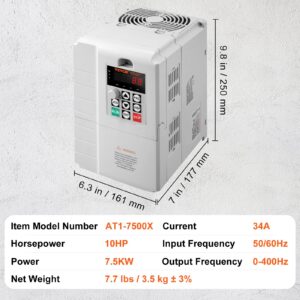 Размери и характеристики на VEVOR AT1-7500X: 7.5 kW, 10 HP, 34A, вход 220V, изходна честота 0–400 Hz, тегло 3.5 кг.