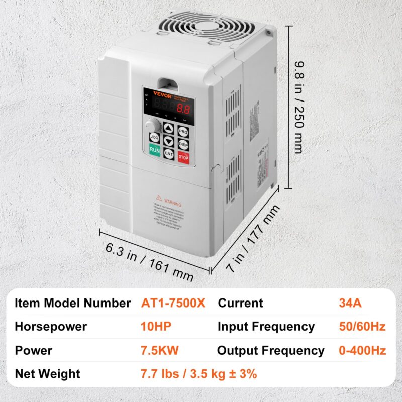 Размери и характеристики на VEVOR AT1-7500X: 7.5 kW, 10 HP, 34A, вход 220V, изходна честота 0–400 Hz, тегло 3.5 кг.