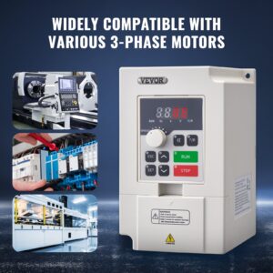 VEVOR VFD, съвместим с различни трифазни електродвигатели. Показани са приложения в индустриални среди – CNC машини, електрически табла и производствени линии.