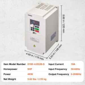 Размери и данни за честотен регулатор VEVOR D100-4.0S2B-S – 4kW, 5HP, 18A, 220V вход и изход, 0–2000 Hz честота.